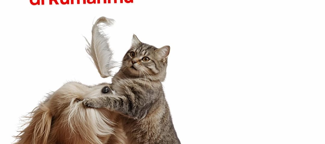 Kucing dan anjing yang bermain bersama sebagai ilustrasi tips mengatasi bulu anabul yang beterbangan di rumah.