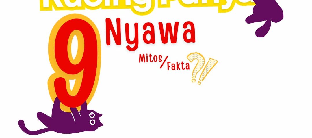 Poster ilustrasi kucing ungu menanyakan mitos atau fakta kucing punya 9 nyawa dari Lingkar Satwa Animal Care Surabaya