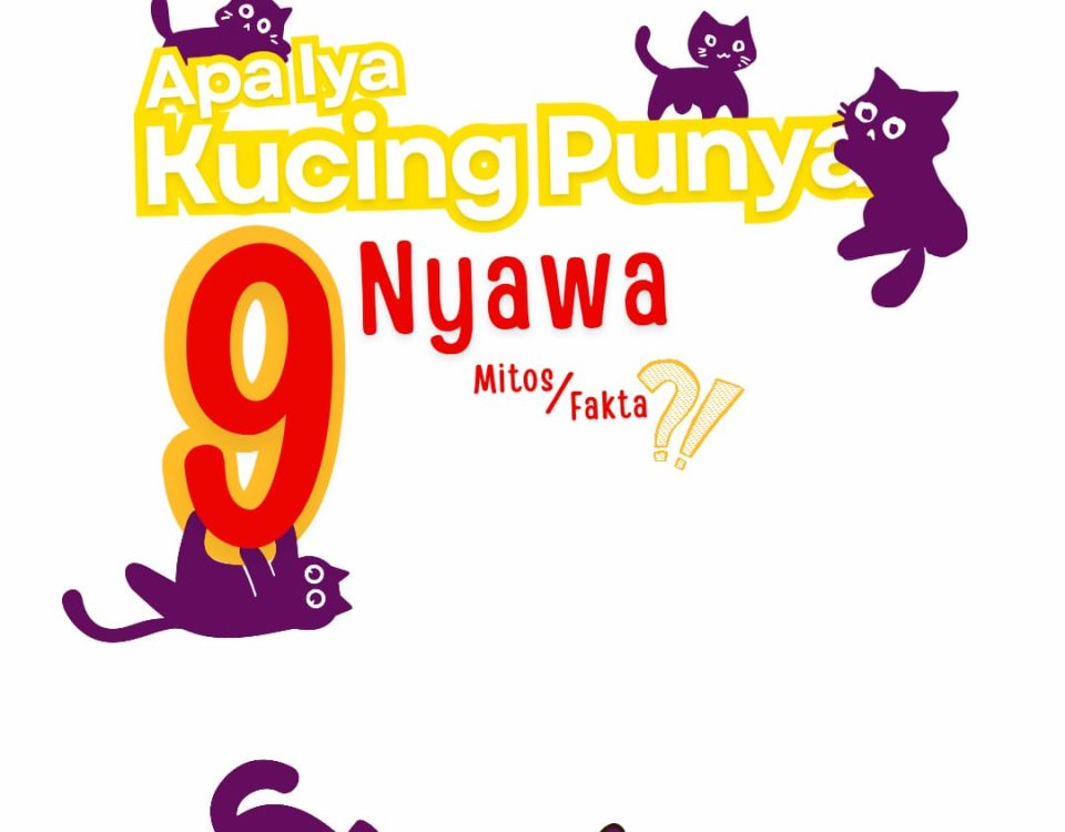 Poster ilustrasi kucing ungu menanyakan mitos atau fakta kucing punya 9 nyawa dari Lingkar Satwa Animal Care Surabaya